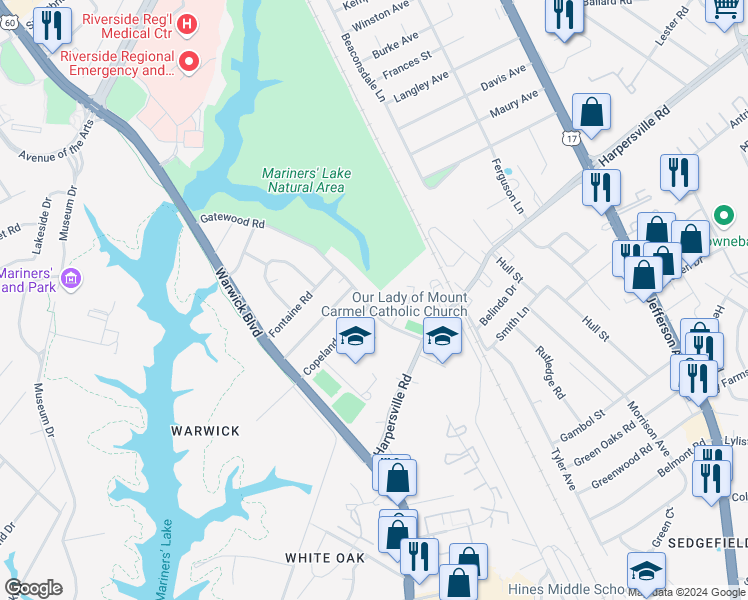 map of restaurants, bars, coffee shops, grocery stores, and more near 1252 Gatewood Road in Newport News