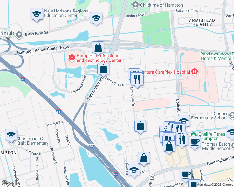 map of restaurants, bars, coffee shops, grocery stores, and more near 18 Christine Court in Hampton