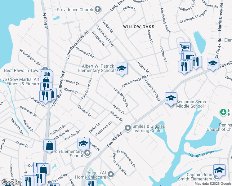 map of restaurants, bars, coffee shops, grocery stores, and more near 7 Chickamauga Pike in Hampton