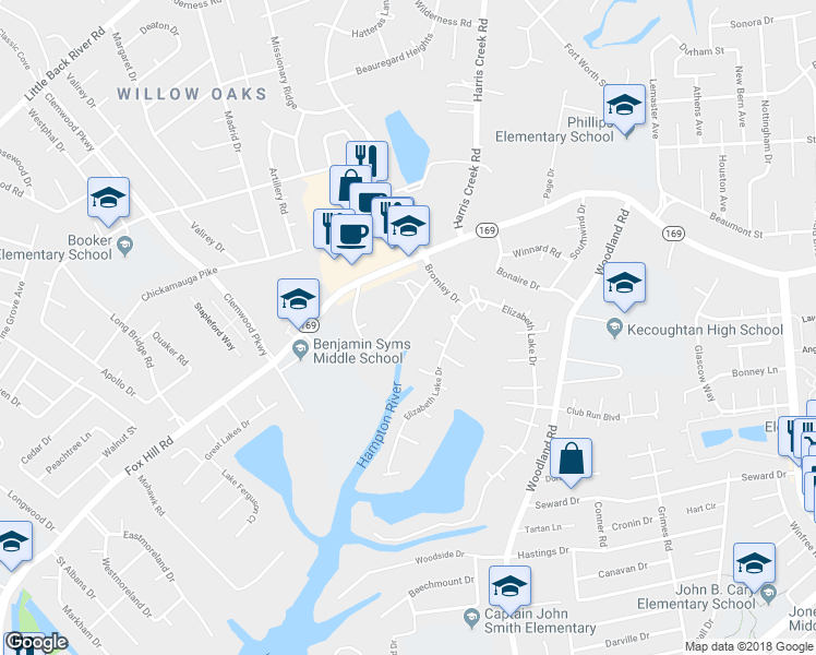 map of restaurants, bars, coffee shops, grocery stores, and more near 312 Burgh Westra Drive in Hampton
