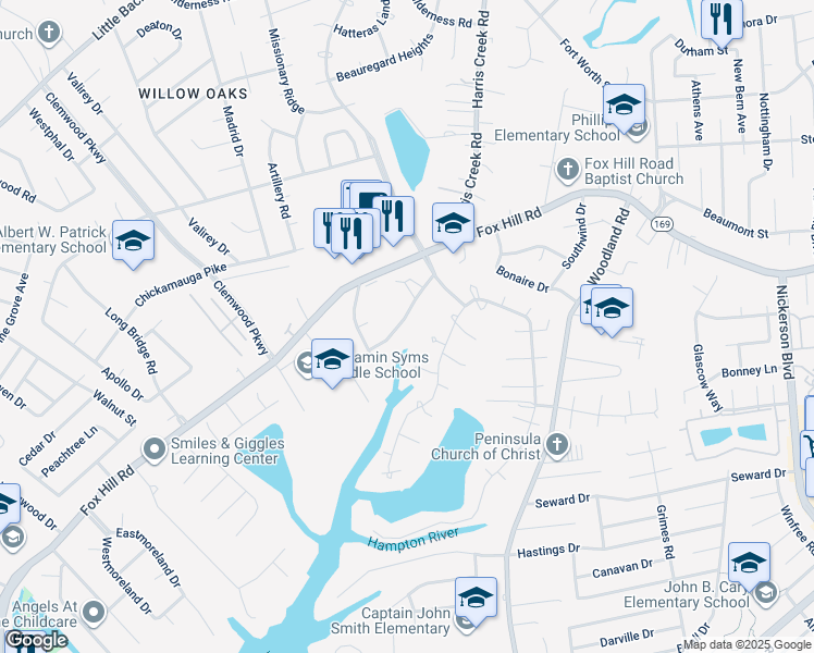 map of restaurants, bars, coffee shops, grocery stores, and more near 312 Burgh Westra Drive in Hampton