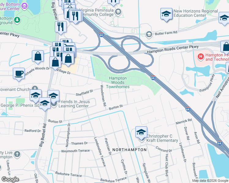 map of restaurants, bars, coffee shops, grocery stores, and more near 4 Gunter Court in Hampton