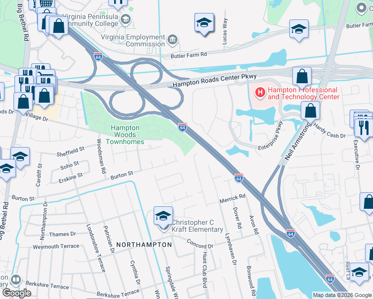 map of restaurants, bars, coffee shops, grocery stores, and more near 339 Bromsgrove Drive in Hampton