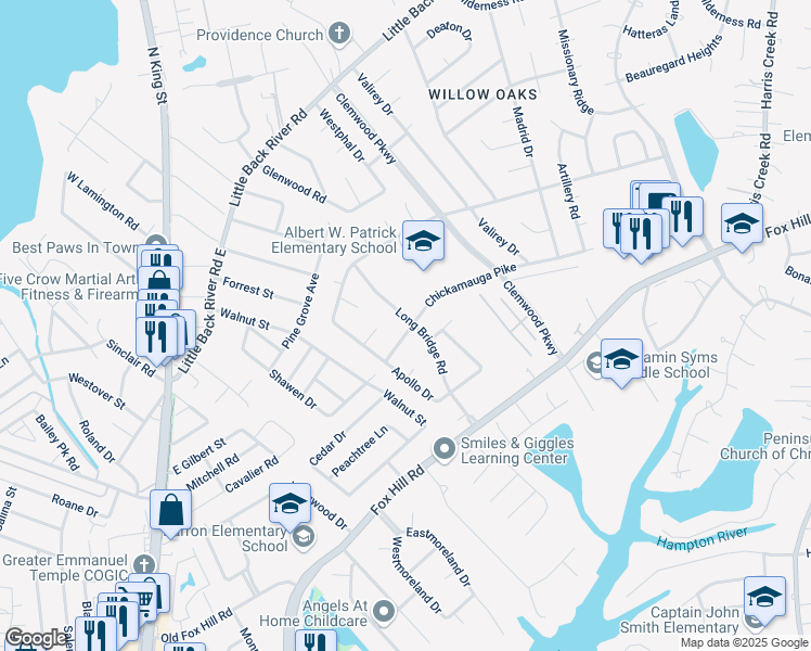 map of restaurants, bars, coffee shops, grocery stores, and more near 101 Long Bridge Road in Hampton