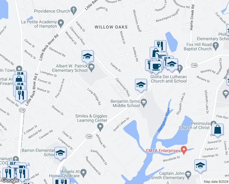 map of restaurants, bars, coffee shops, grocery stores, and more near 124 Quaker Road in Hampton