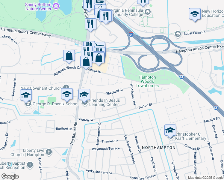 map of restaurants, bars, coffee shops, grocery stores, and more near 823 Sheffield Street in Hampton
