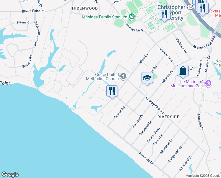 map of restaurants, bars, coffee shops, grocery stores, and more near 24 Spottswood Lane in Newport News