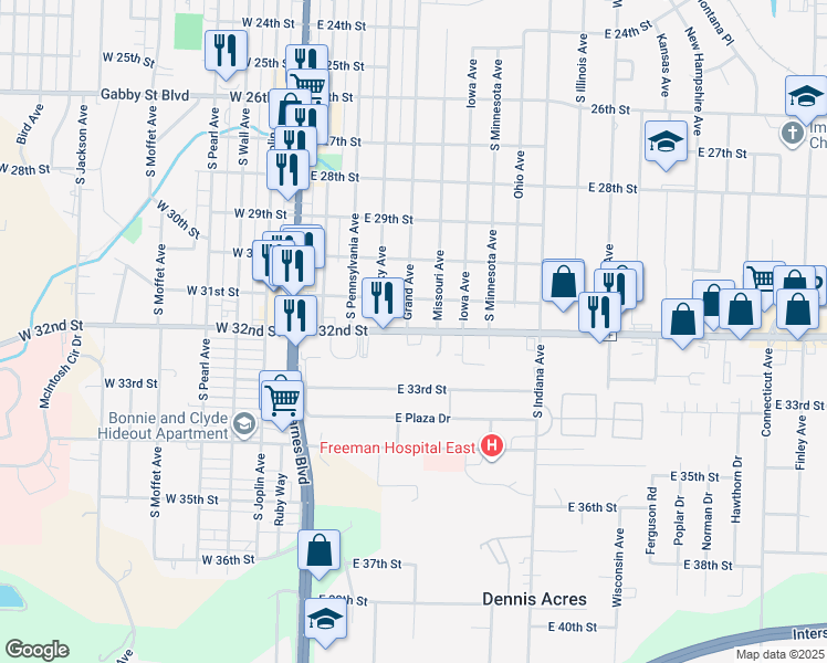 map of restaurants, bars, coffee shops, grocery stores, and more near East 32nd Street in Joplin