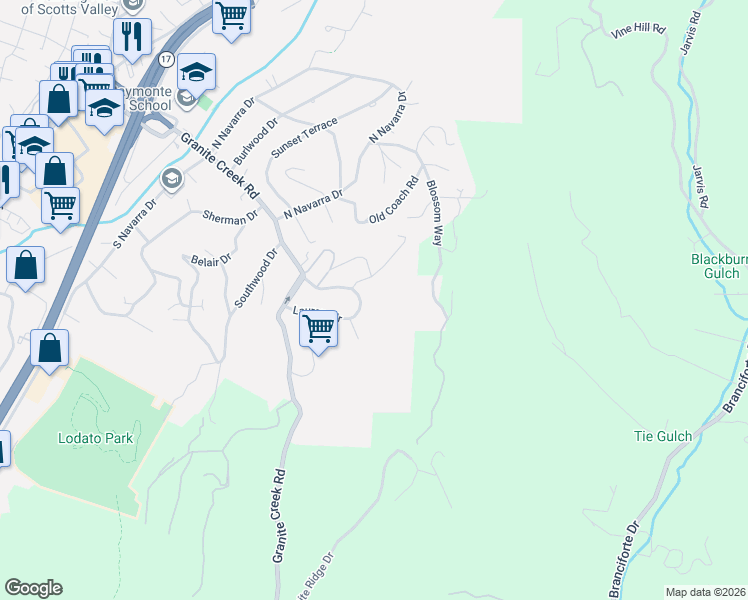 map of restaurants, bars, coffee shops, grocery stores, and more near 113 Lauren Circle in Scotts Valley