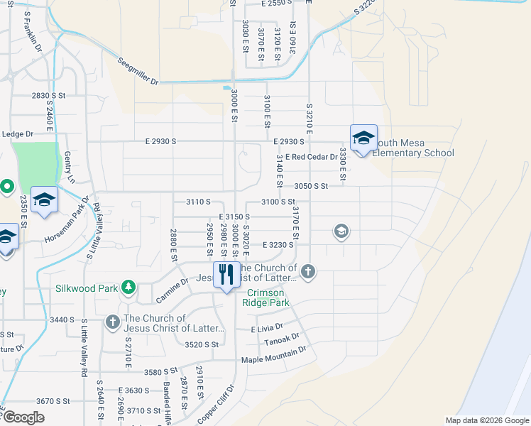 map of restaurants, bars, coffee shops, grocery stores, and more near 3085 East 3150 South in St. George