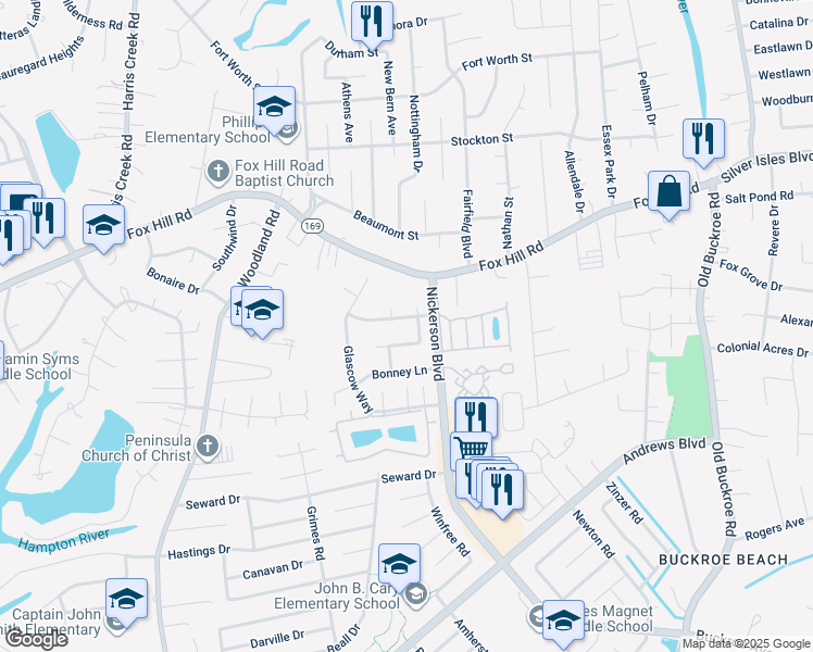 map of restaurants, bars, coffee shops, grocery stores, and more near 18 Prestwick Way in Hampton