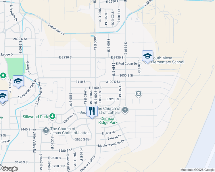map of restaurants, bars, coffee shops, grocery stores, and more near 3085 East 3150 South in St. George