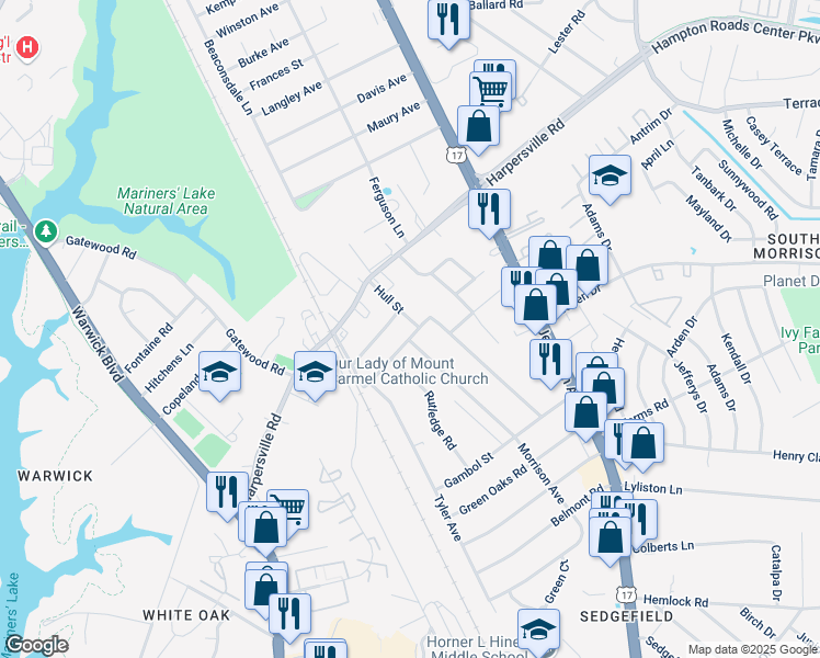 map of restaurants, bars, coffee shops, grocery stores, and more near 16 Hull Street in Newport News