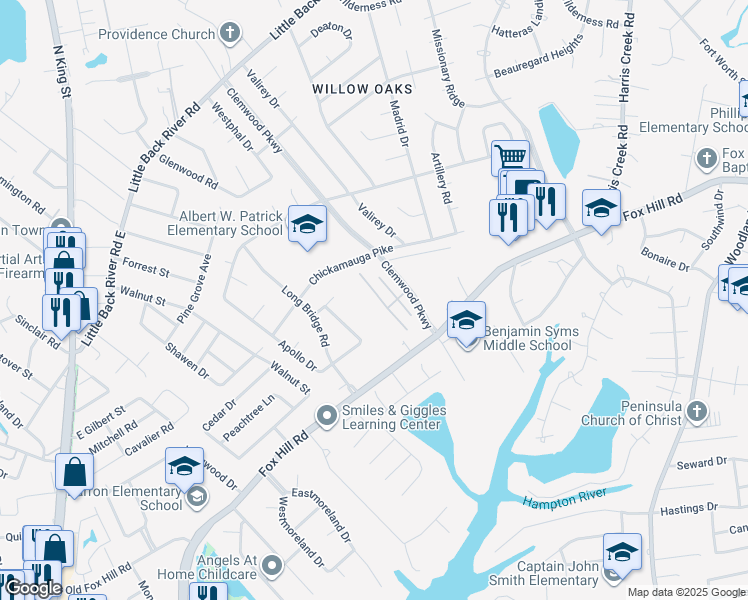 map of restaurants, bars, coffee shops, grocery stores, and more near 59 Stapleford Way in Hampton