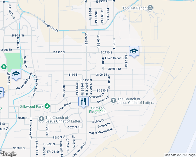 map of restaurants, bars, coffee shops, grocery stores, and more near 3104 East 3150 South in St. George