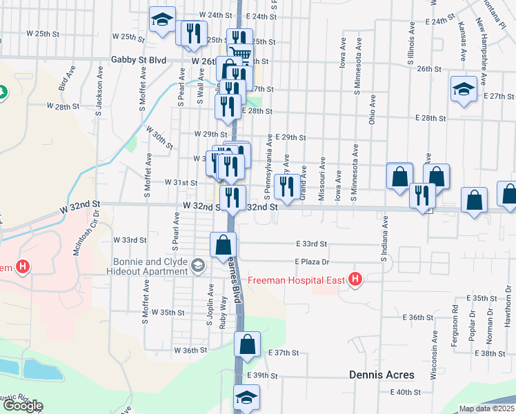 map of restaurants, bars, coffee shops, grocery stores, and more near 248 East 32nd Street in Joplin