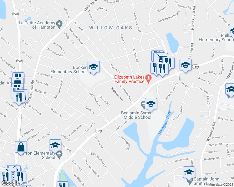 map of restaurants, bars, coffee shops, grocery stores, and more near 59 Stapleford Way in Hampton