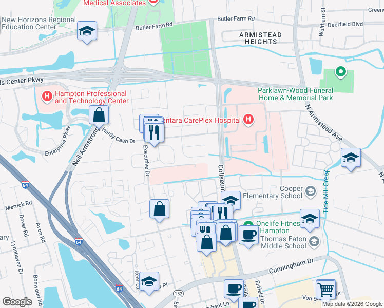 map of restaurants, bars, coffee shops, grocery stores, and more near 1341 Peabody Drive in Hampton