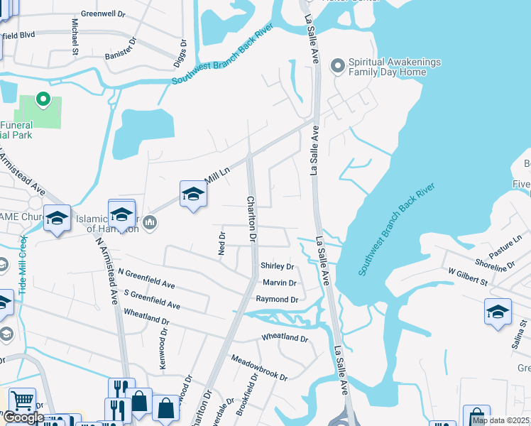 map of restaurants, bars, coffee shops, grocery stores, and more near 45 Towler Drive in Hampton