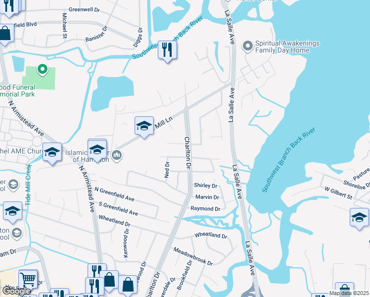map of restaurants, bars, coffee shops, grocery stores, and more near 505 Charlton Drive in Hampton