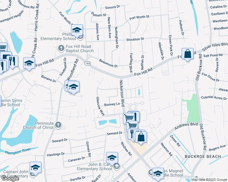 map of restaurants, bars, coffee shops, grocery stores, and more near 18 Prestwick Way in Hampton