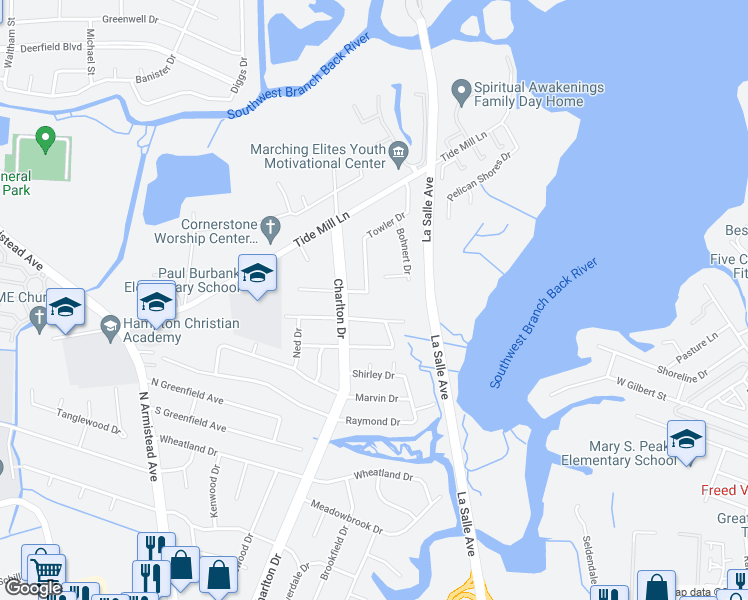 map of restaurants, bars, coffee shops, grocery stores, and more near 41 Towler Drive in Hampton