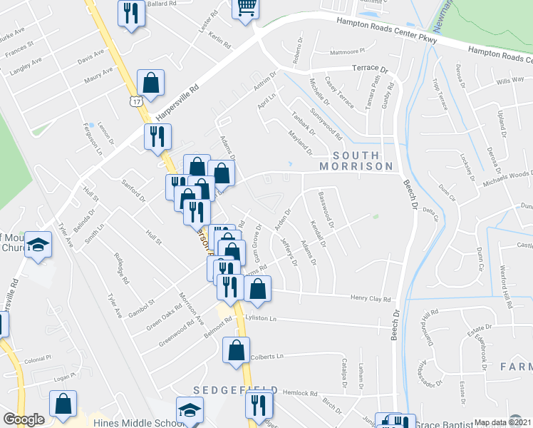 map of restaurants, bars, coffee shops, grocery stores, and more near 513 Adams Drive in Newport News