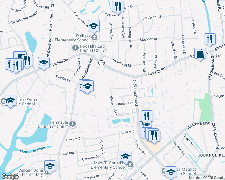 map of restaurants, bars, coffee shops, grocery stores, and more near 116 Glascow Way in Hampton