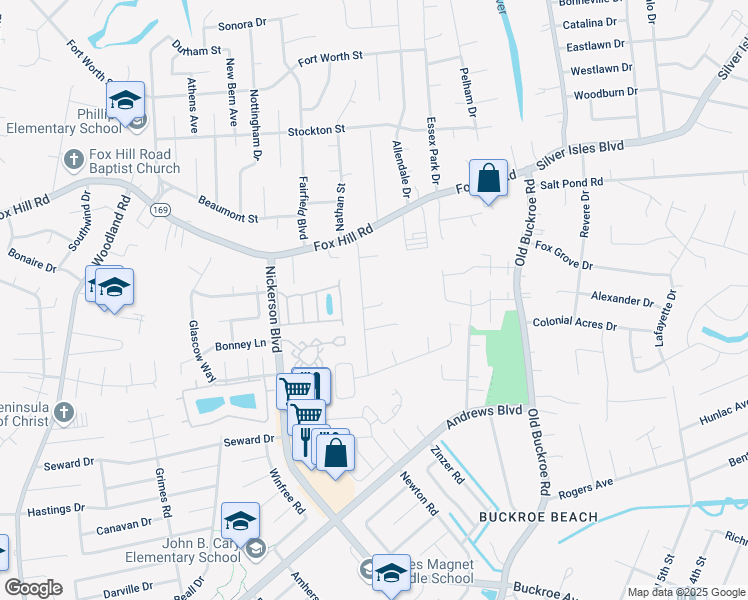 map of restaurants, bars, coffee shops, grocery stores, and more near 5 Woody Circle in Hampton