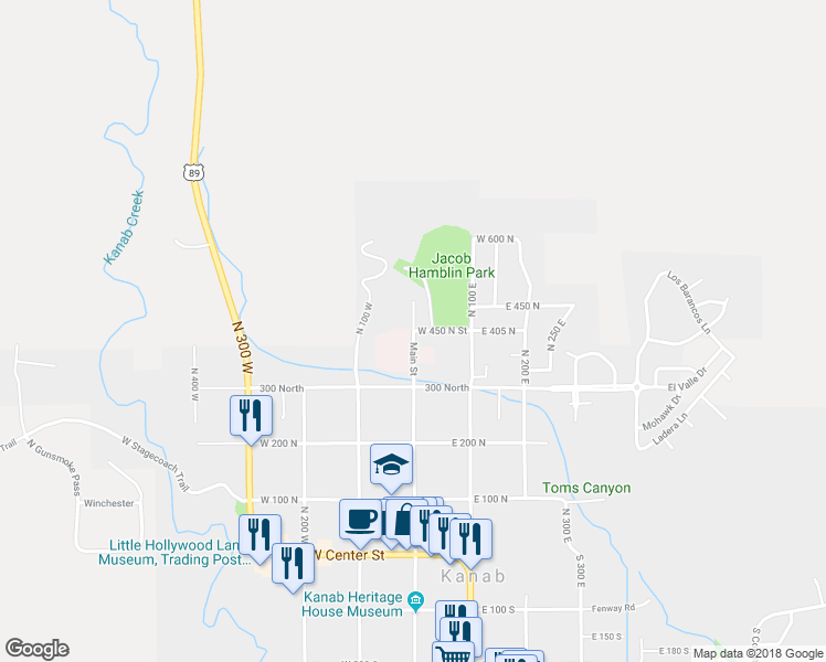 map of restaurants, bars, coffee shops, grocery stores, and more near Main Street in Kanab