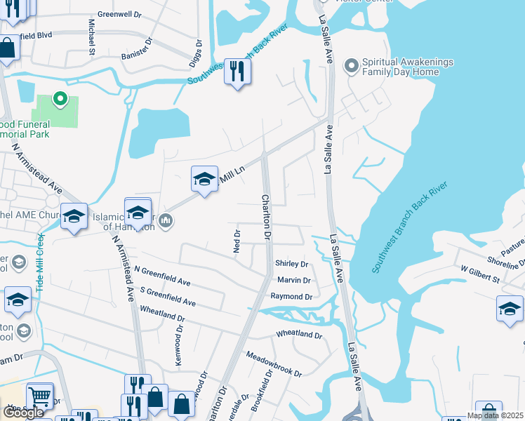 map of restaurants, bars, coffee shops, grocery stores, and more near 505 Charlton Drive in Hampton