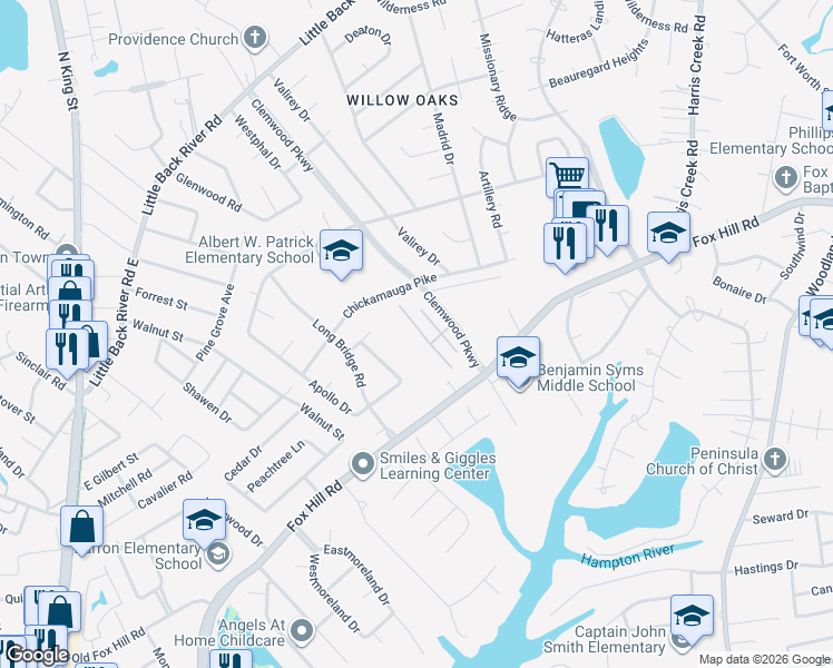 map of restaurants, bars, coffee shops, grocery stores, and more near 59 Stapleford Way in Hampton