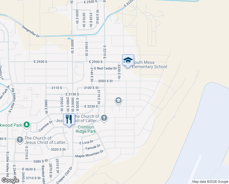 map of restaurants, bars, coffee shops, grocery stores, and more near 3271 East 3140 South in Washington
