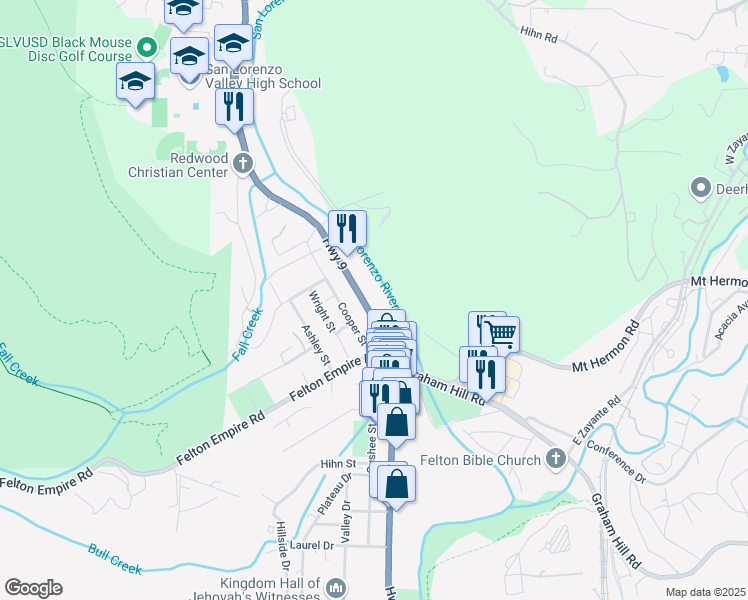 map of restaurants, bars, coffee shops, grocery stores, and more near 6444 Highway 9 in Felton