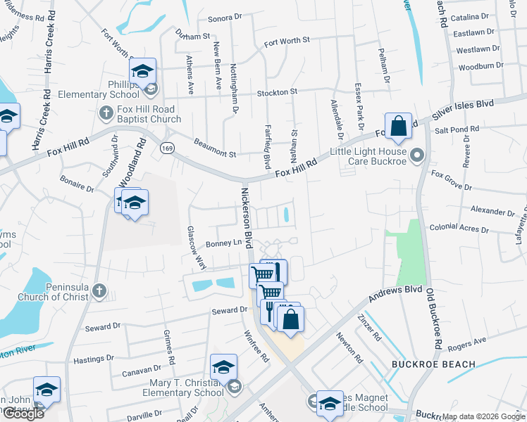 map of restaurants, bars, coffee shops, grocery stores, and more near 16 Aster Way in Hampton