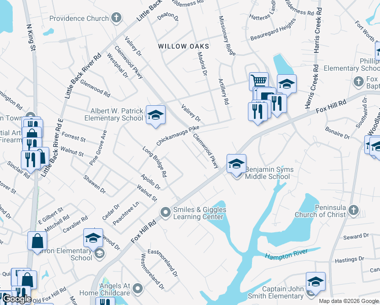 map of restaurants, bars, coffee shops, grocery stores, and more near 59 Stapleford Way in Hampton