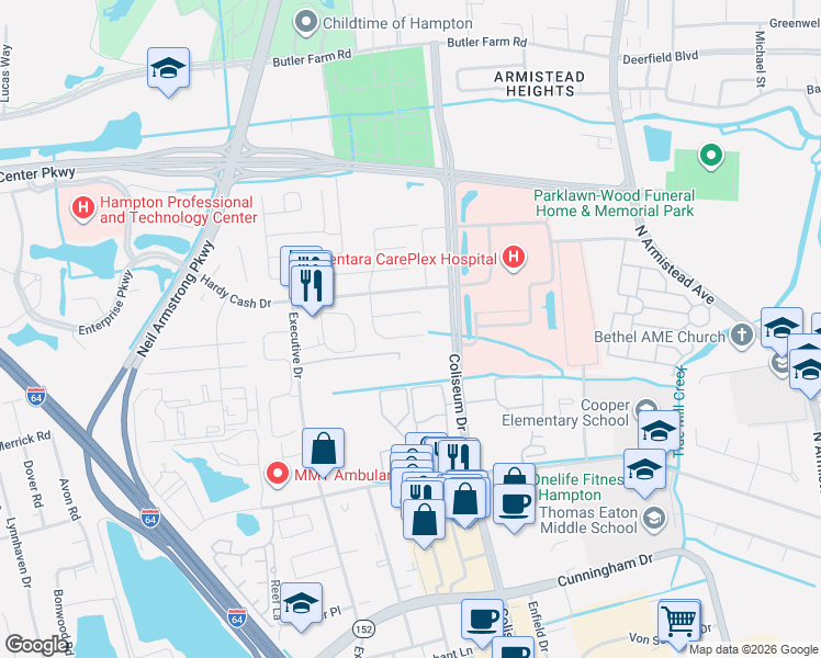 map of restaurants, bars, coffee shops, grocery stores, and more near 1301 Peabody Drive in Hampton