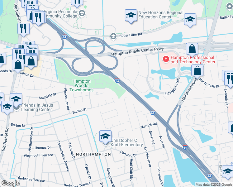 map of restaurants, bars, coffee shops, grocery stores, and more near 498 Burton Street in Hampton