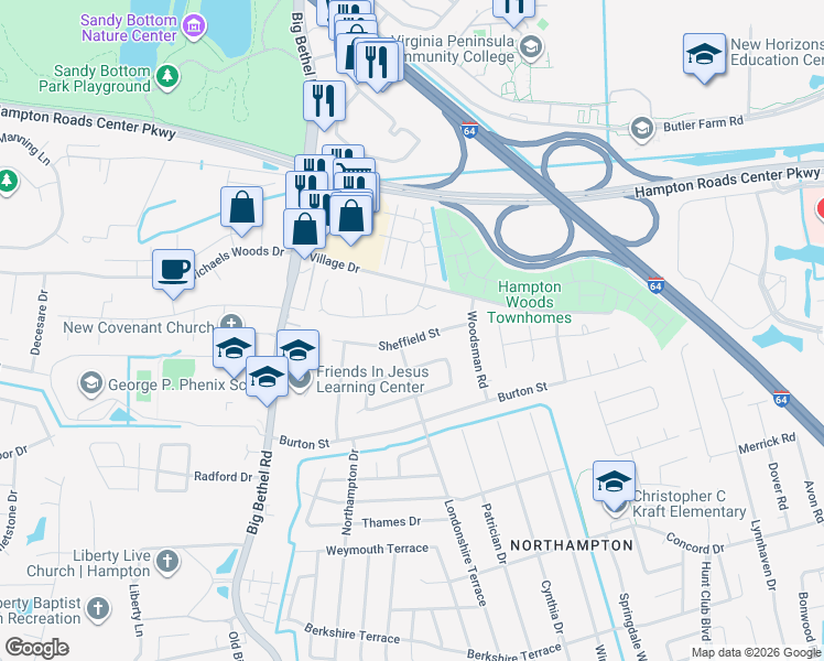 map of restaurants, bars, coffee shops, grocery stores, and more near 823 Sheffield Street in Hampton