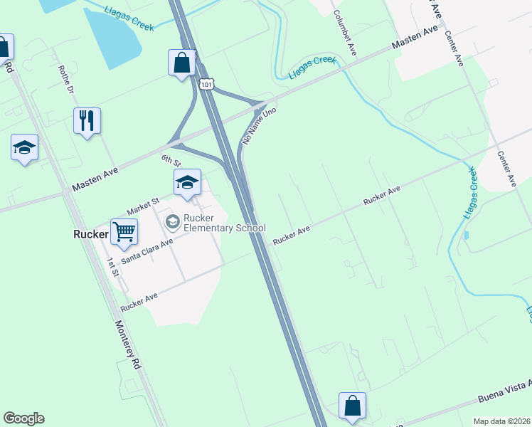 map of restaurants, bars, coffee shops, grocery stores, and more near 615 Rucker Avenue in Gilroy