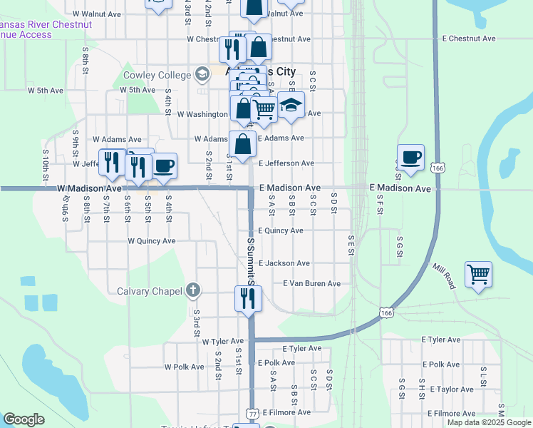 map of restaurants, bars, coffee shops, grocery stores, and more near 721 S A St in Arkansas City