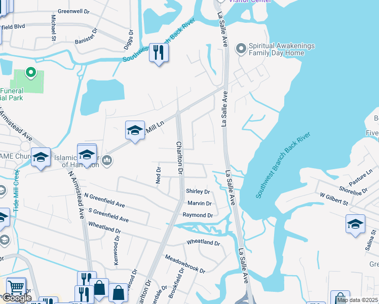 map of restaurants, bars, coffee shops, grocery stores, and more near 45 Towler Drive in Hampton