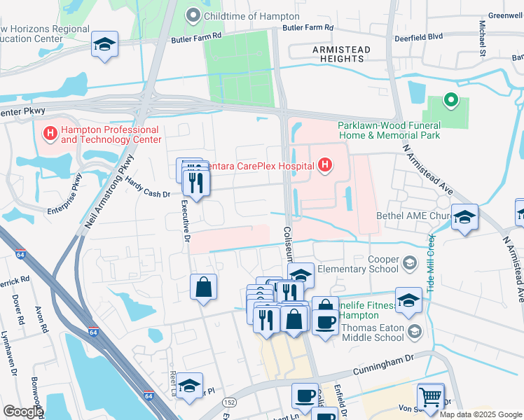 map of restaurants, bars, coffee shops, grocery stores, and more near 1312 Peabody Drive in Hampton