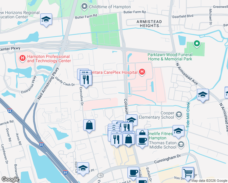 map of restaurants, bars, coffee shops, grocery stores, and more near 1301 Peabody Drive in Hampton