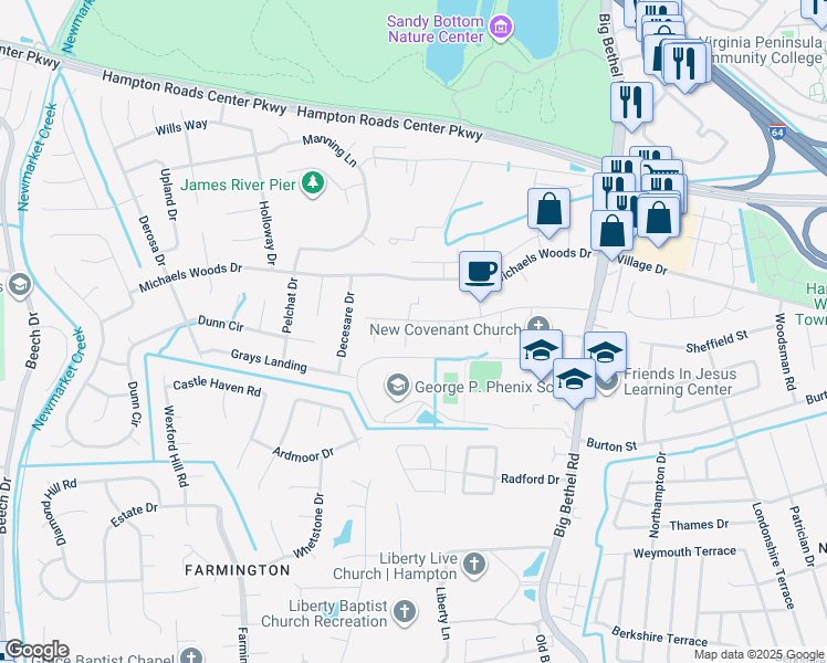map of restaurants, bars, coffee shops, grocery stores, and more near 70 Brogden Lane in Hampton