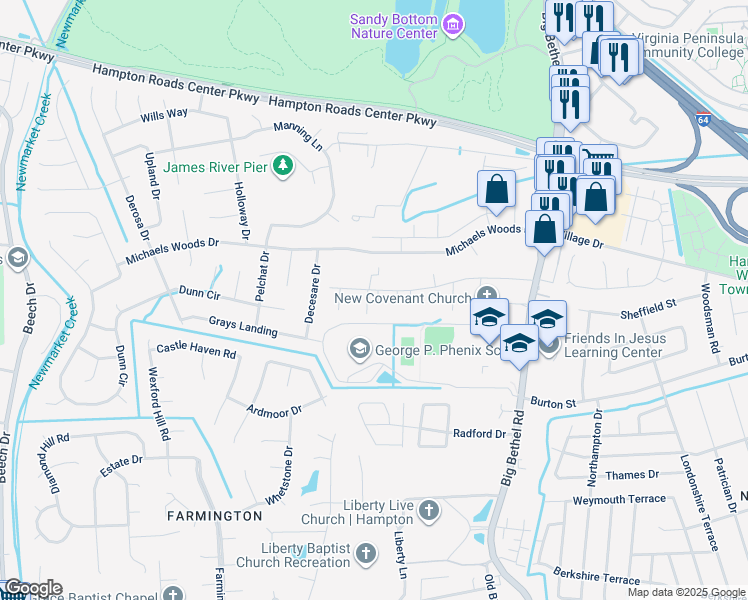 map of restaurants, bars, coffee shops, grocery stores, and more near 70 Brogden Lane in Hampton