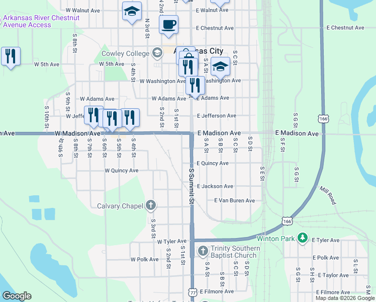 map of restaurants, bars, coffee shops, grocery stores, and more near 701 South Summit Street in Arkansas City