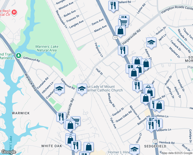map of restaurants, bars, coffee shops, grocery stores, and more near 11 Belinda Drive in Newport News