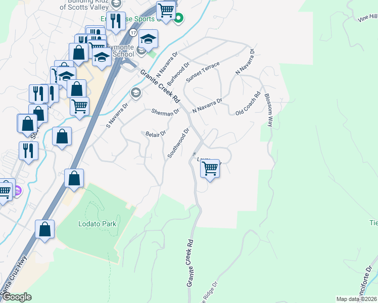 map of restaurants, bars, coffee shops, grocery stores, and more near 131 Lauren Circle in Scotts Valley