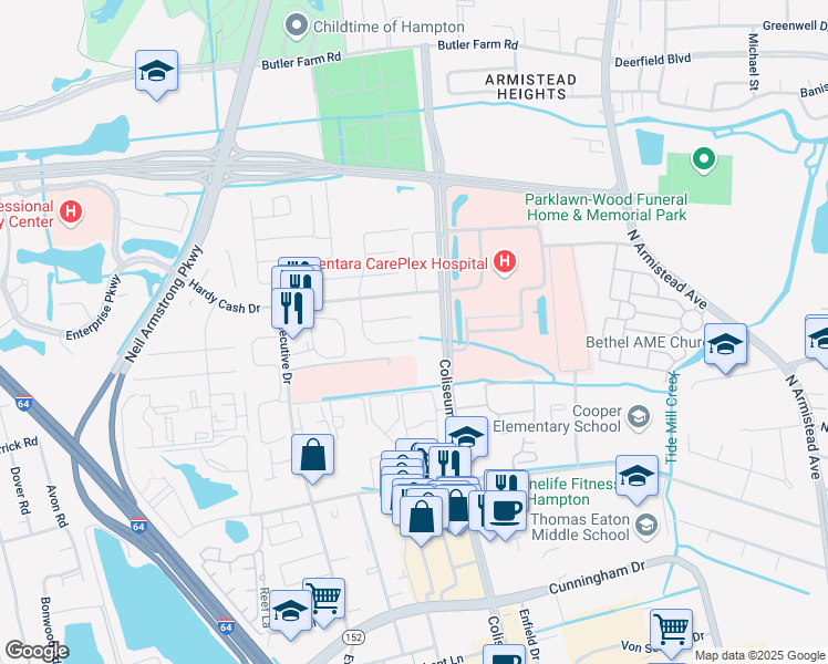 map of restaurants, bars, coffee shops, grocery stores, and more near 1301 Peabody Drive in Hampton